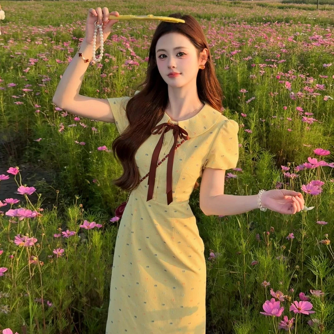 七七很芒【夏日倾心】法式设计感蝴蝶结领连衣裙2025夏少女风长裙