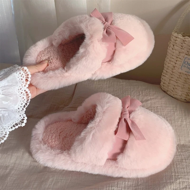 室内休闲防滑秋冬网红毛毛拖鞋韩系蝴蝶结仙女风棉拖鞋女保暖L