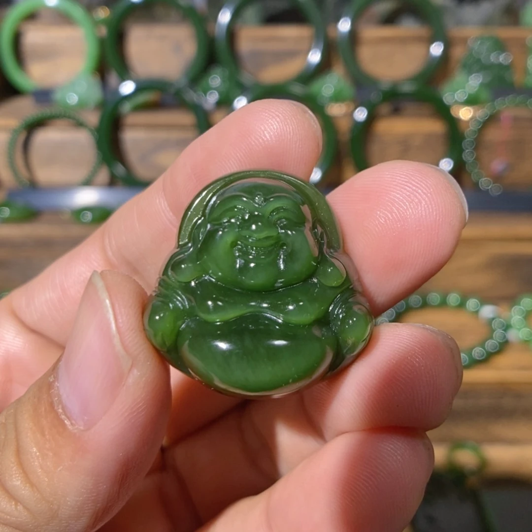 【闪购商品】吊坠(不含链)未镶嵌和田玉俄料菠菜绿猫眼佛公 27/11.8