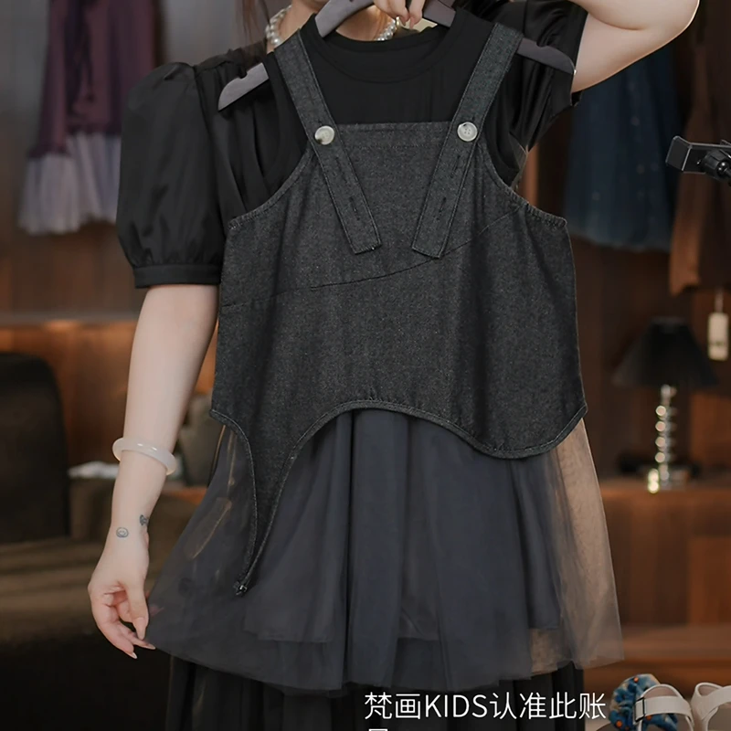 《WN》女童时尚套装夏季不规则牛仔连衣裙洋气网纱背心裙HCB550