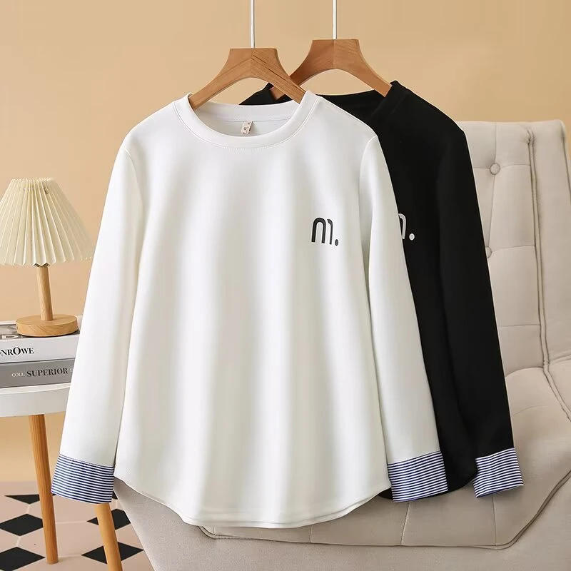 奢怡雅欣宇大码洋气显瘦条纹拼接圆领休闲印花打底衫#麦2510