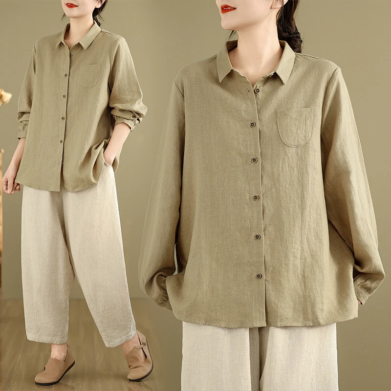 2025春夏新款素旧文艺小小翻领质朴小口袋时尚春秋衬衣棉麻衬衫