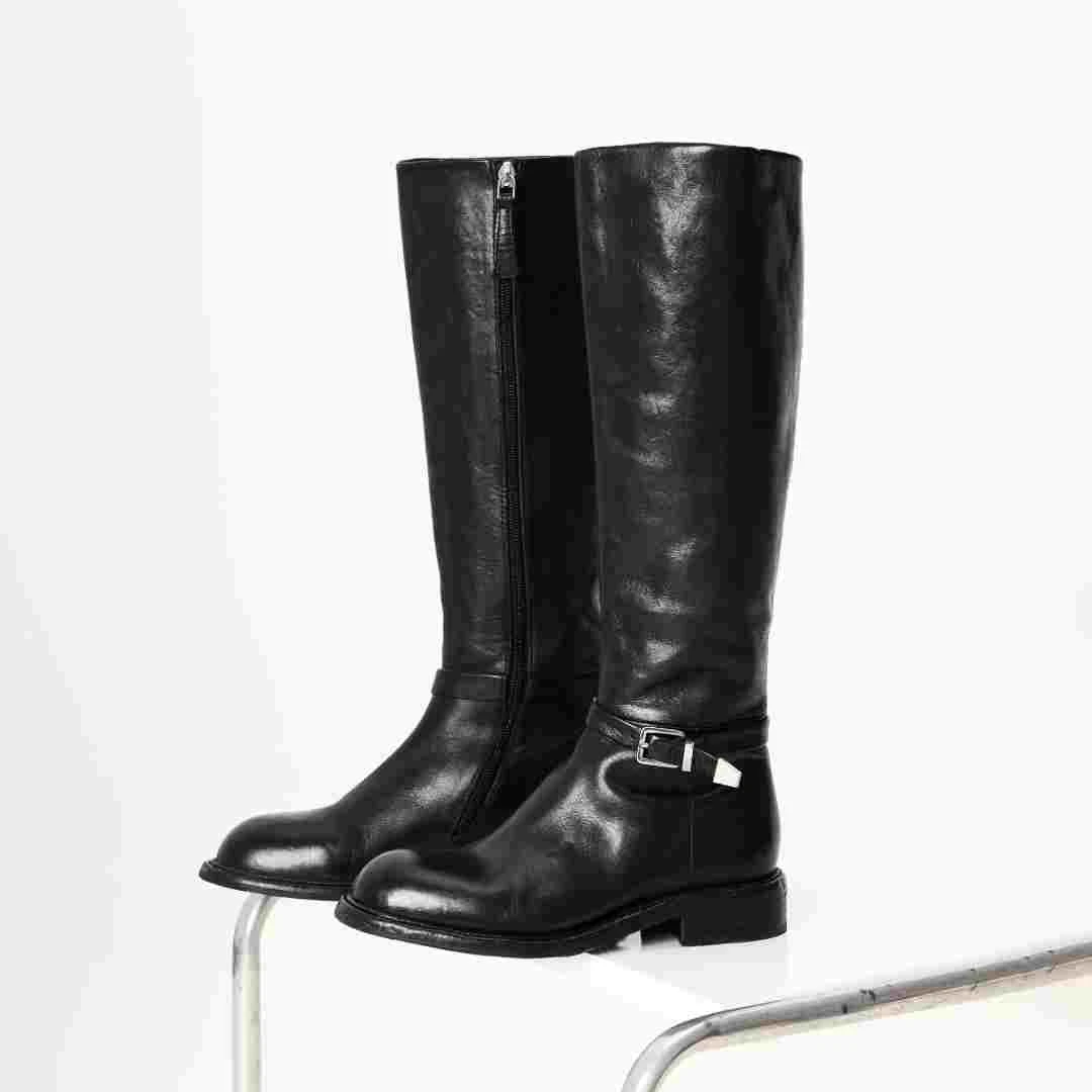 Inking Pot复古水洗马皮高筒骑士靴女粗跟圆头侧拉链及膝长靴