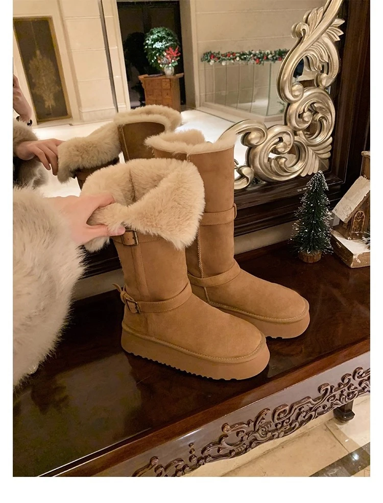 时髦扣带厚底增高羊猄绒翻边保暖棉鞋中长筒短靴灰色雪地靴女冬季