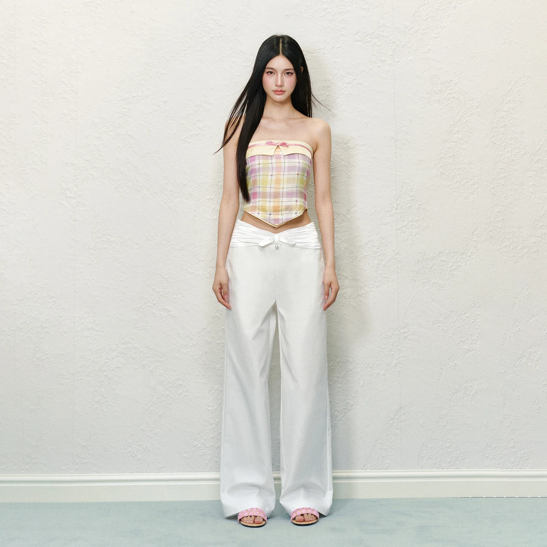 AGAM STUDIO 【官方专享】缎面腰头蝴蝶结珍珠设计休闲裤阔腿长裤女