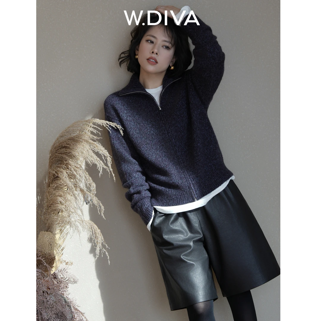 W.Diva【C位羊绒】白厂丝羊绒罗纹立领丝双拉链开衫外套54Z023445