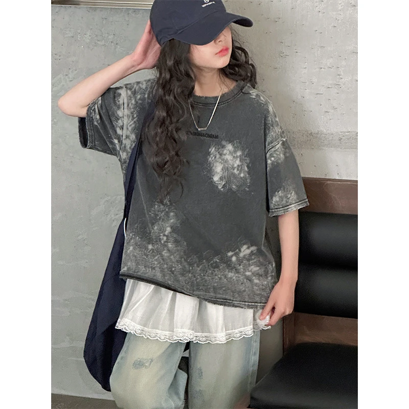 K28161做旧复古女童短袖T恤2025新款夏装儿童上衣大童春夏休闲潮t