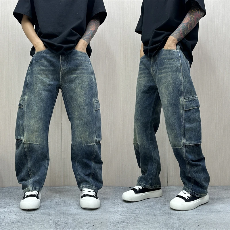 昊Studio秋季男士百搭水洗牛仔秋季做旧系带男潮流复古港风牛仔裤