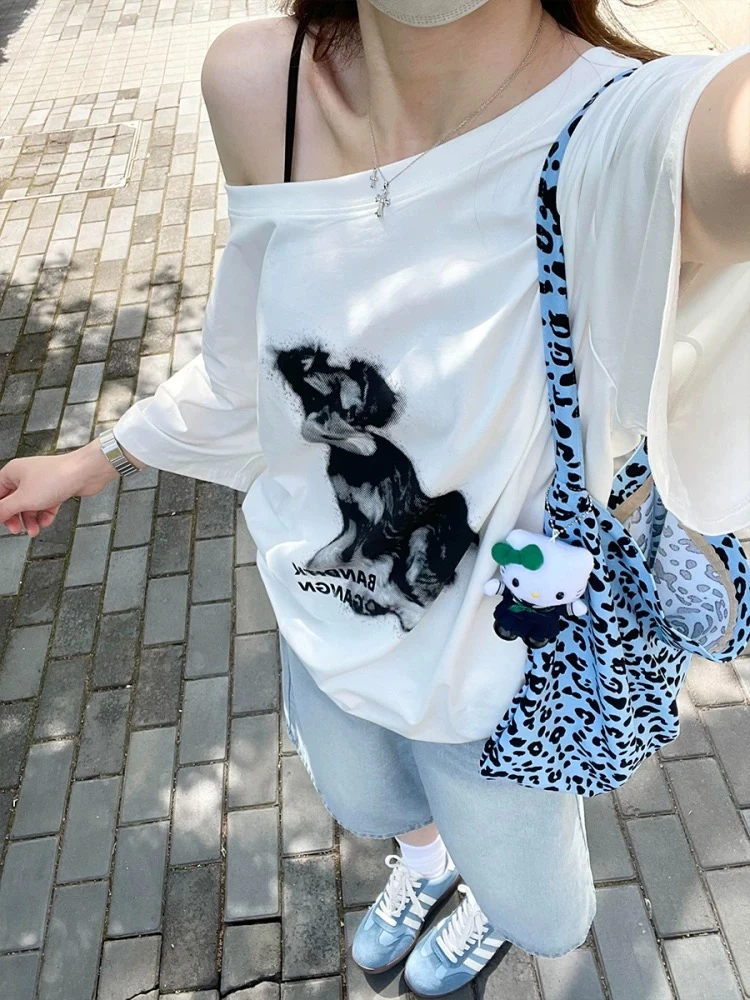 美式辣妹斜肩短袖t恤女夏季新款卡通小狗印花慵懒风宽松露肩上衣