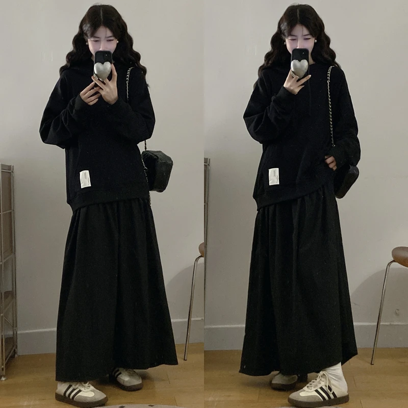 大码胖mm秋冬新款长袖连帽卫衣拼接学院风显瘦宽松假两件连衣裙女