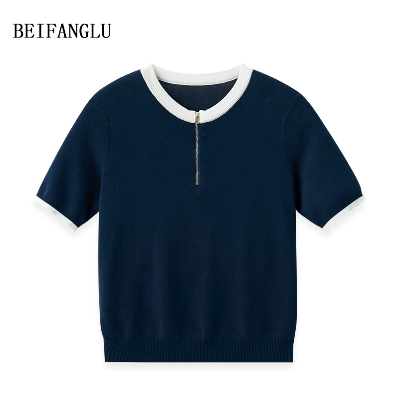 北方鹿【法式优雅撞色】莱赛尔棉桑蚕丝气质半拉链针织短袖女251104