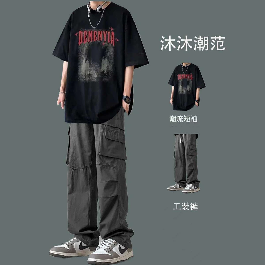 痞帅男生夏季潮牌短袖t恤套装男款青少年学生休闲一套搭配工装裤