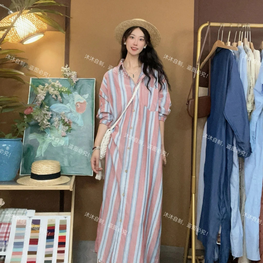 【沐沐自制】L524 秋出KOU 双纱*KE订/经典百搭条纹 *宽松长*连衣裙