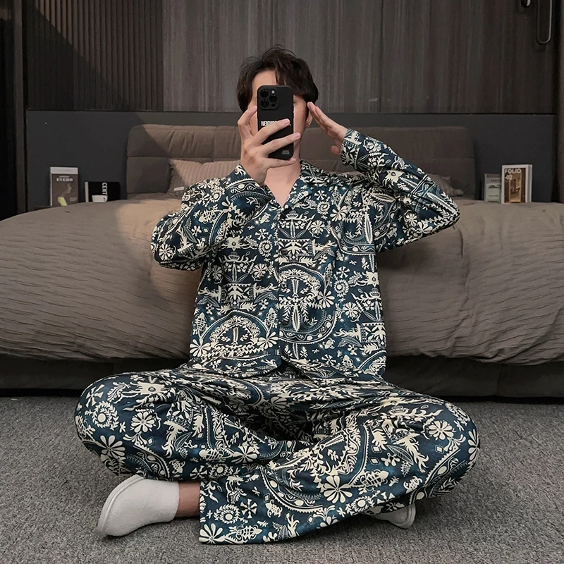 民族风男士睡衣秋冬德绒长袖大码保暖锁温加绒家居服羊绒蚕丝套装