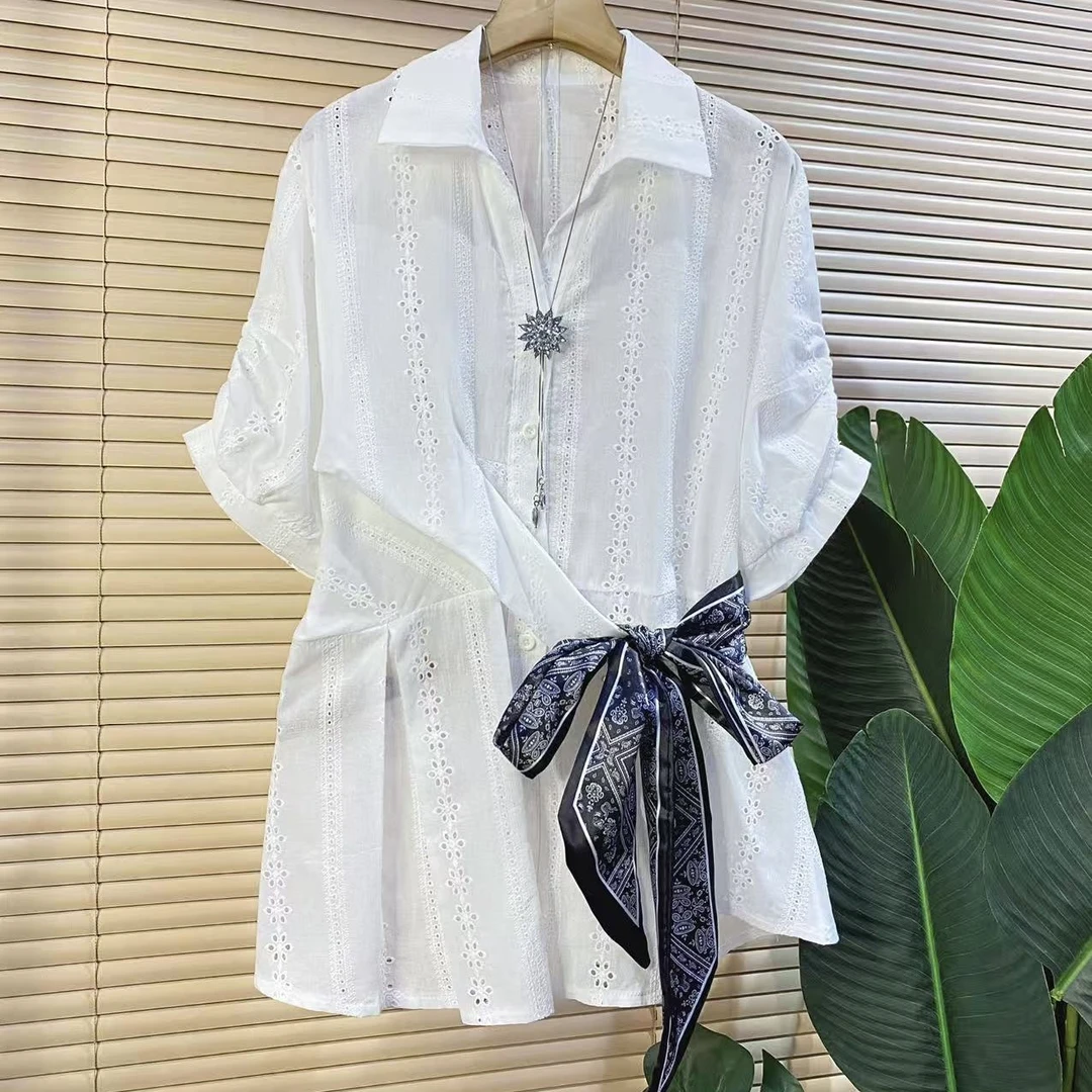 J胖mm欧货时尚新款镂空提花设计系带洋气显瘦衬衫