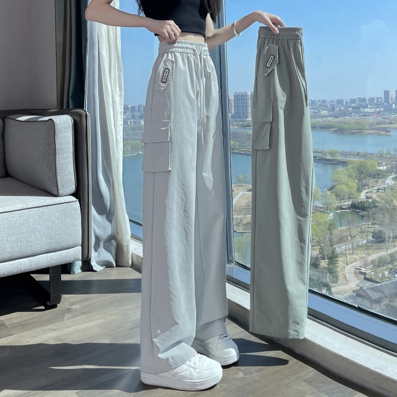 2025新款夏季薄款速干冰丝直筒工装裤女窄版阔腿显瘦高腰运动卫裤