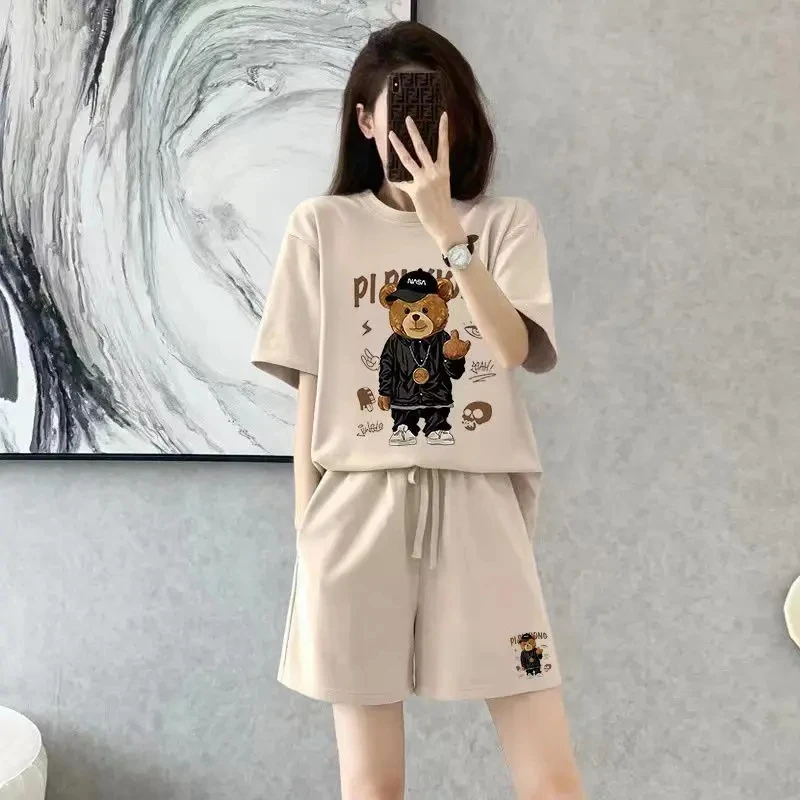 2件套夏季女短袖短裤宽松圆领运动休闲印花套装女百搭外穿卡通