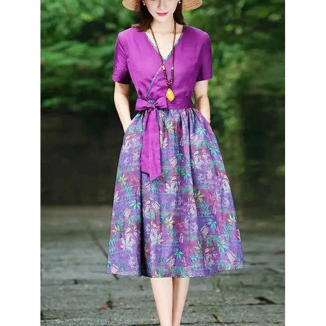 哥弟阿玛施正民族风仿棉麻大码连衣裙2025夏新款休闲收腰复古时尚