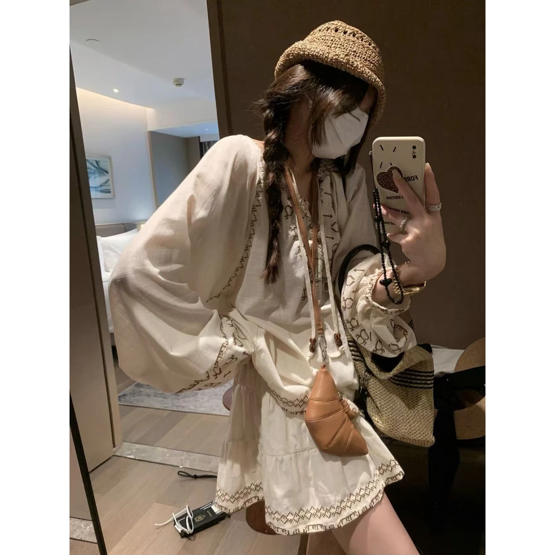 SP【轻法少女】波西米亚刺绣亚麻套装女夏季新款长袖防晒短裙两件套