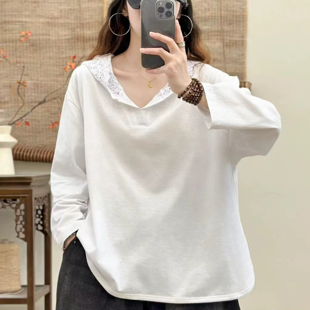868秋季新款韩版花边连帽长袖T恤女