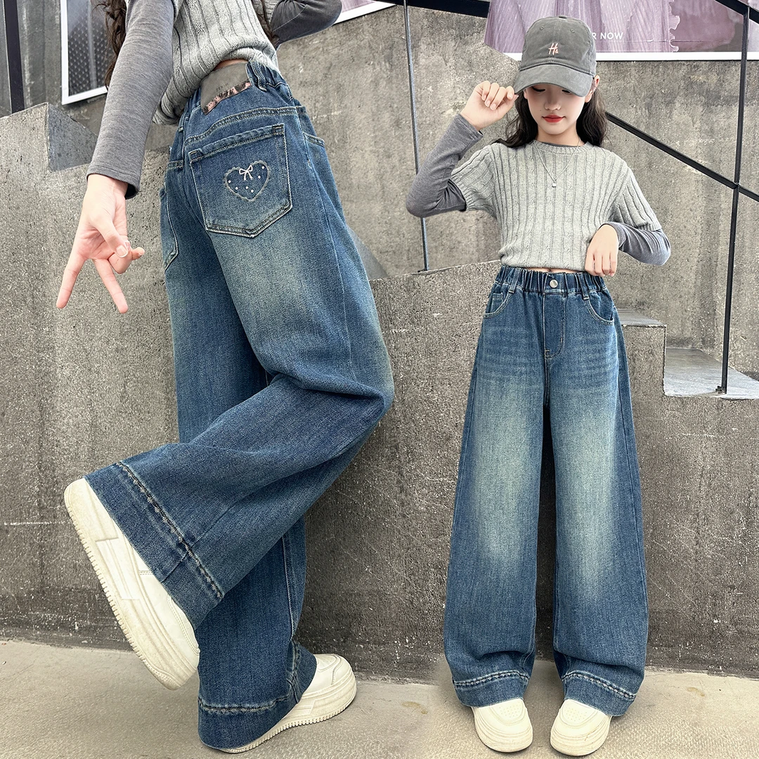 女童秋季后袋爱心蝴蝶结牛仔裤2025女大童新款时尚直筒休闲裤女孩