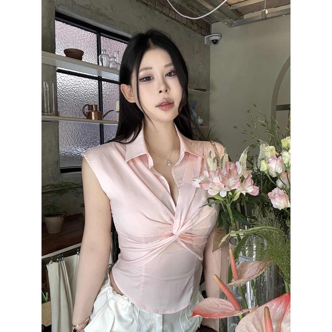 黑泽玄七”半职冰茶衫”夏季显瘦收腰双扭结韩女设计款通勤紧身衬衫