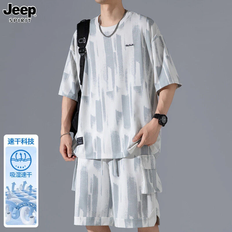 Jeep吉普速干冰丝扎染套装男夏2025新款薄款短袖t恤休闲运动短裤