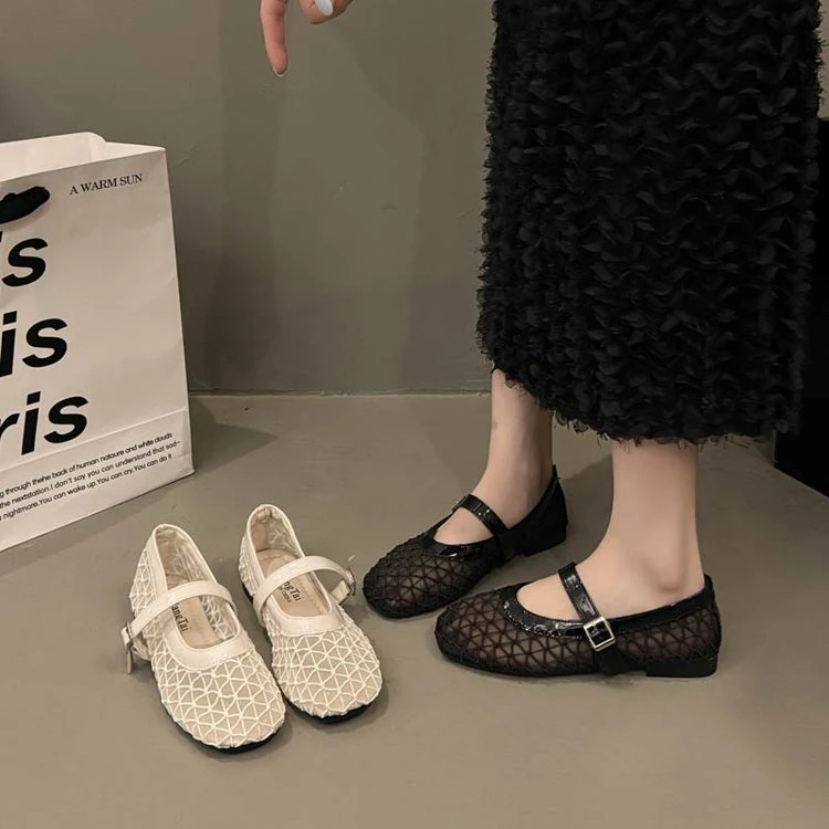 韩版镂空编织玛丽珍鞋女鞋2025夏季圆头透气平底芭蕾舞鞋浅口单鞋