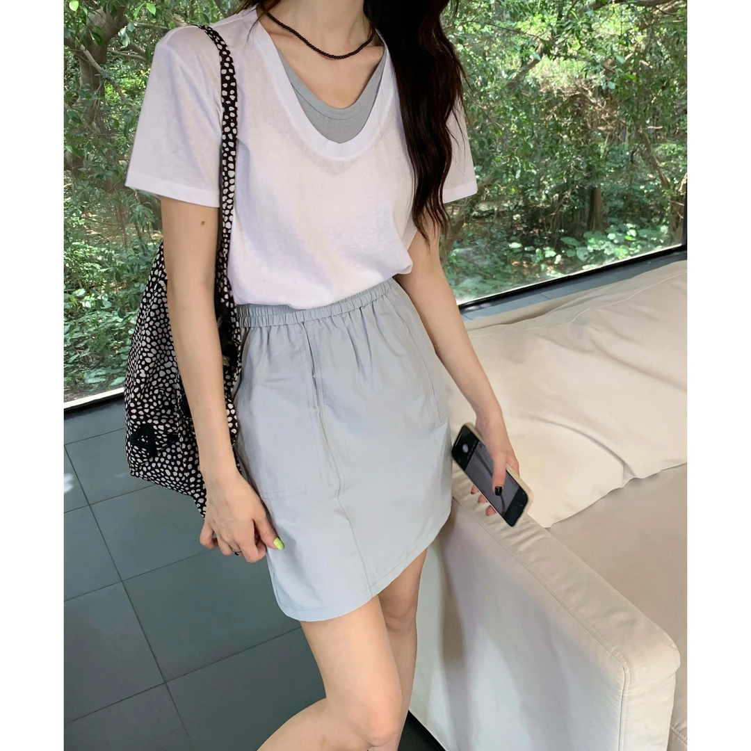 L-5703#闰熙#『轻氧感满分！』韩系简约高级百搭假两件短袖T恤（福利）