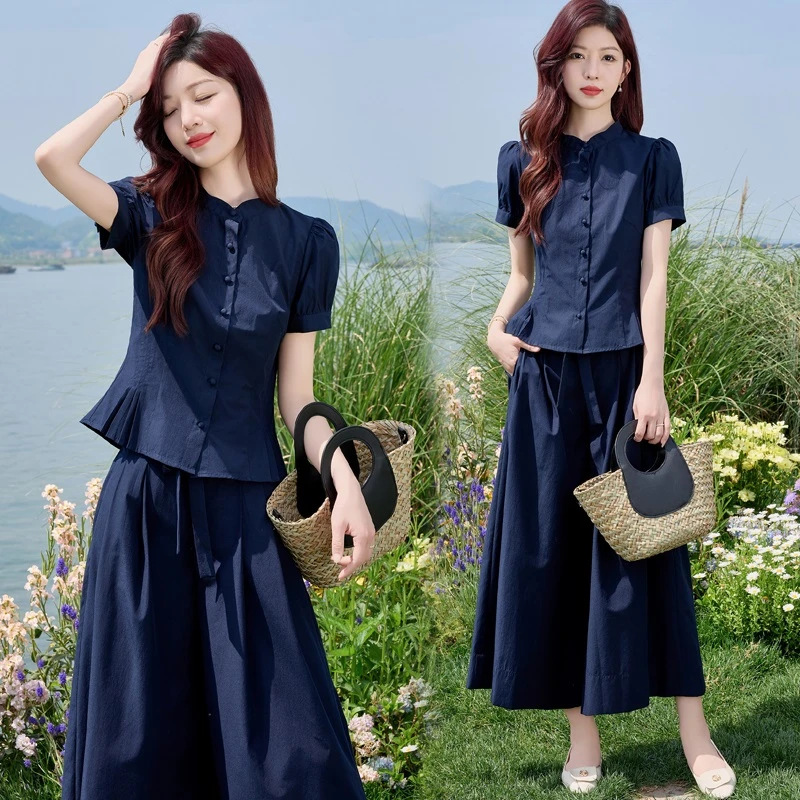 时尚套装女夏季小个子高级感洋气减龄显瘦遮肉衬衫阔腿裤裙两件套
