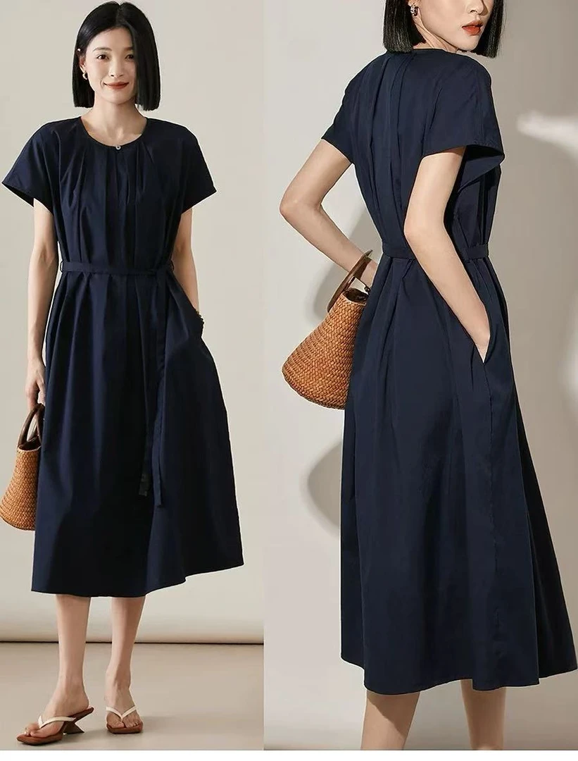 【颜色可选】摩瑟DP【法式廓形藏肉压褶连衣裙】MMDF纯色法式连衣裙