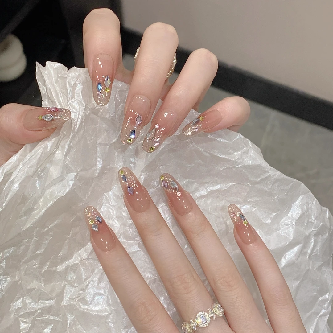 纯手工穿戴甲彩钻极光腮红爆闪显白气质美甲贴片