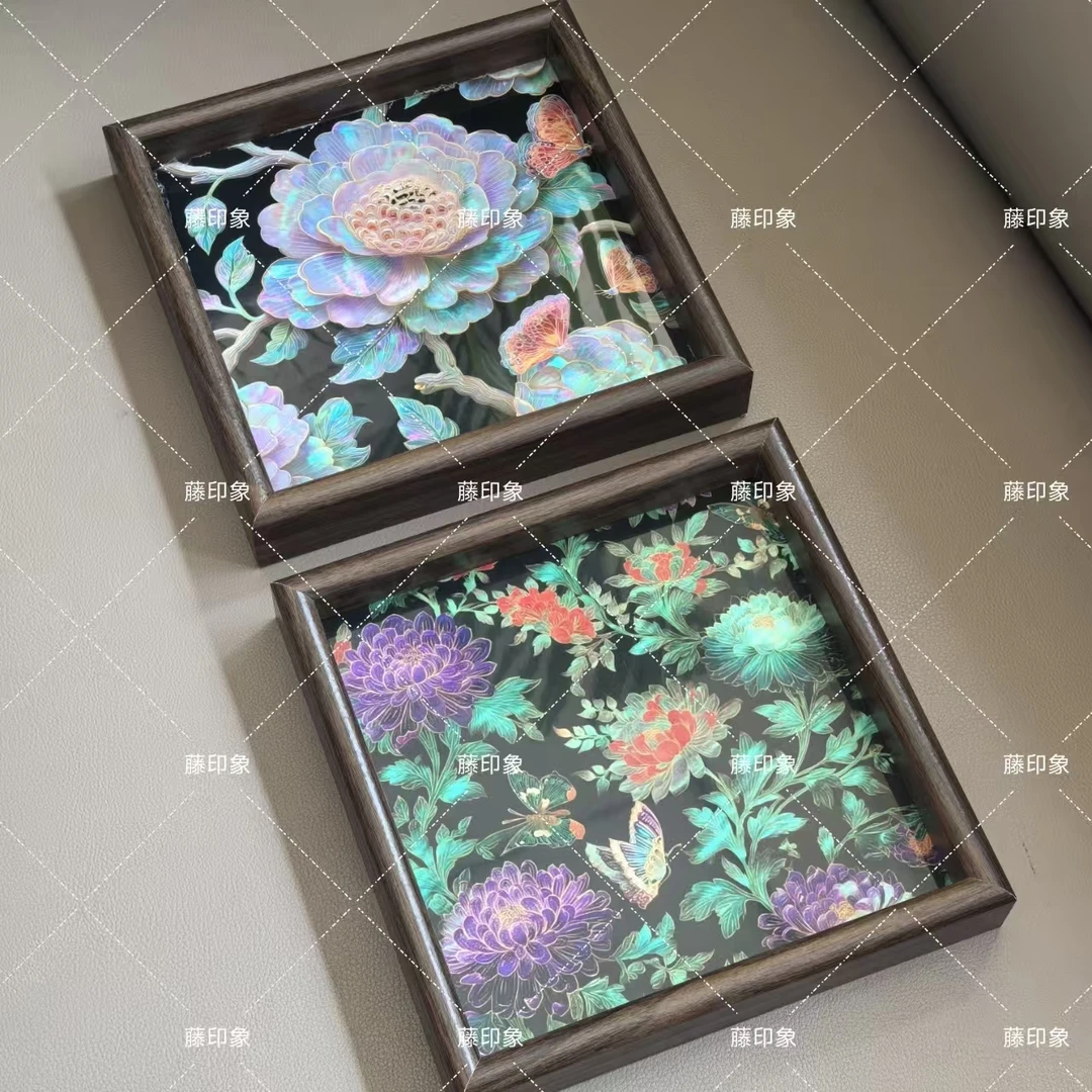 【两个装】彩蝶繁花牡丹方形托盘茶盘桌面茶几钥匙摆件收纳盒置物盘