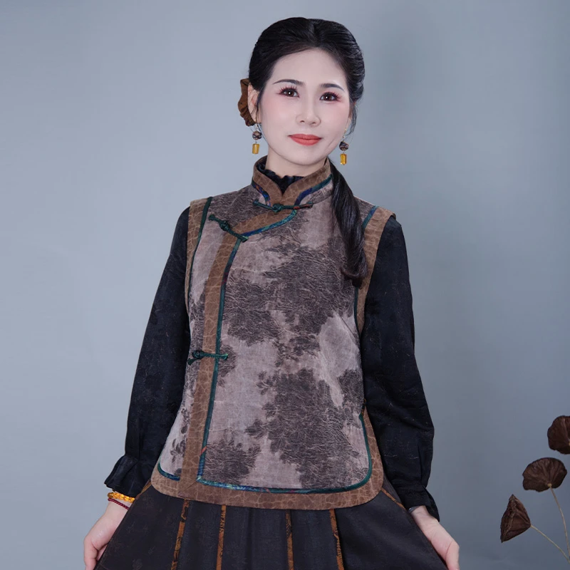 【盛世天香】香云纱桑蚕丝马甲重工拼接撞色立领背心红人G535443