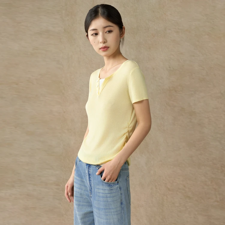 【100莱赛尔】西町村屋假两件V领抽褶针织衫简约百搭短袖XAAB10302