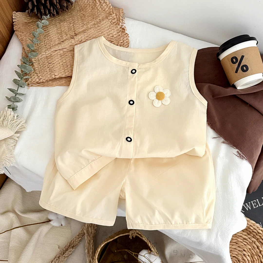女童背心夏季套装2025新款纯棉时尚短裤中小童休闲无袖纯色套装