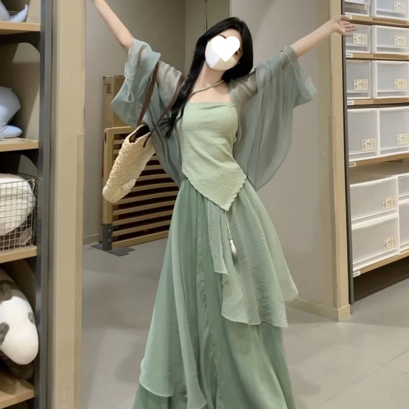 套装女夏季新款新中式禅意风防晒开衫+吊带背心+半身裙三件套显瘦