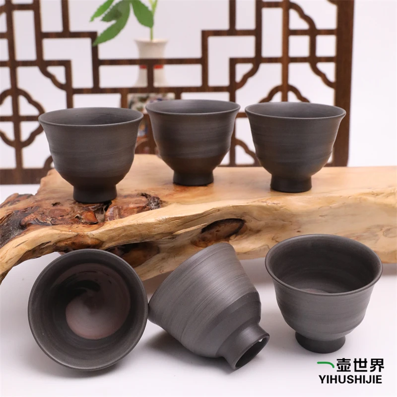 日本常滑烧纯手工日式紫砂陶茶杯套组 风月 朱泥窑变 一套6个杯子