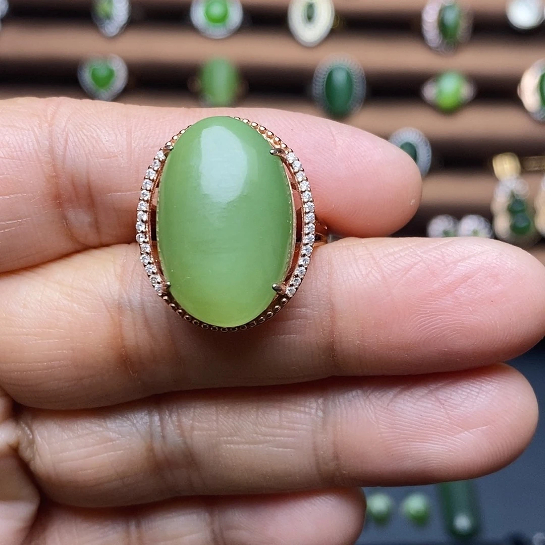 吊坠(不含链)银S925镶嵌和田玉（碧玉）戒指