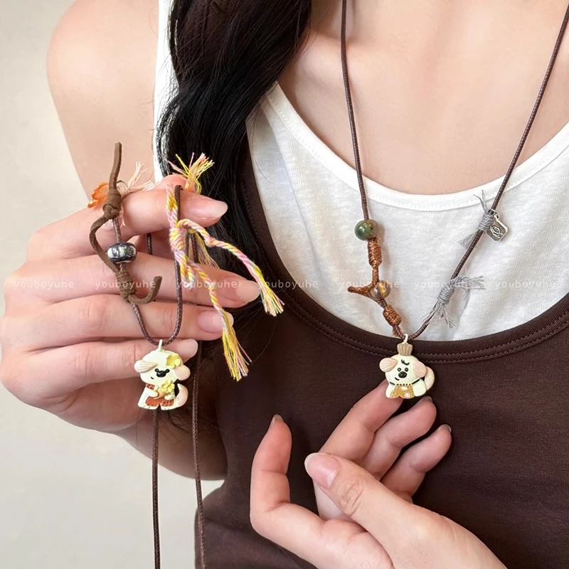 合金皮质项链 可爱童趣吊坠项链女款长款编绳卫衣毛衣链小众配饰