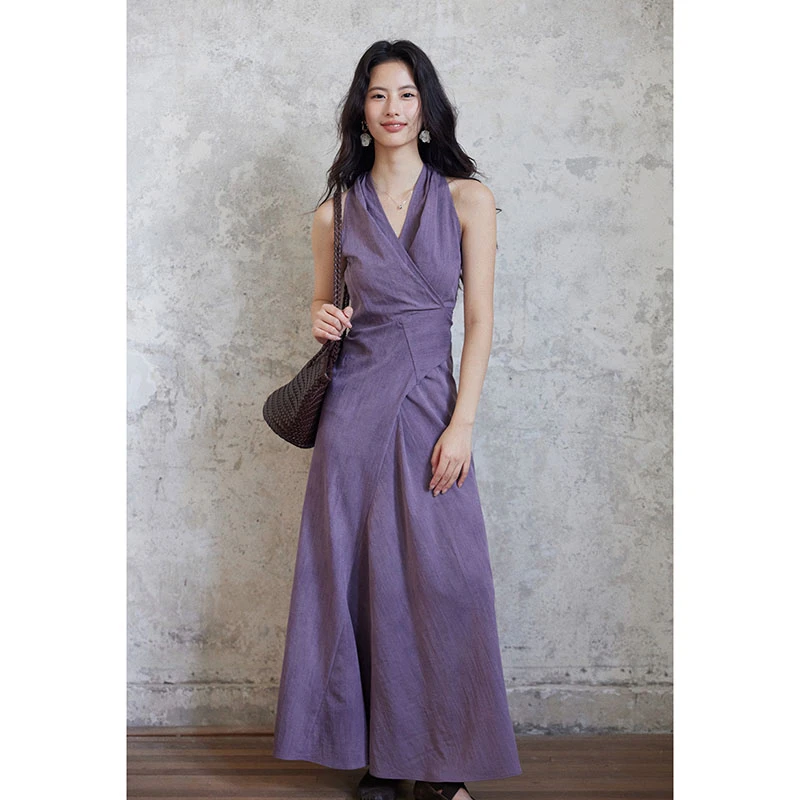 贰羊设计【青宛】气质紫色法式连衣裙女设计感收腰绑带夏