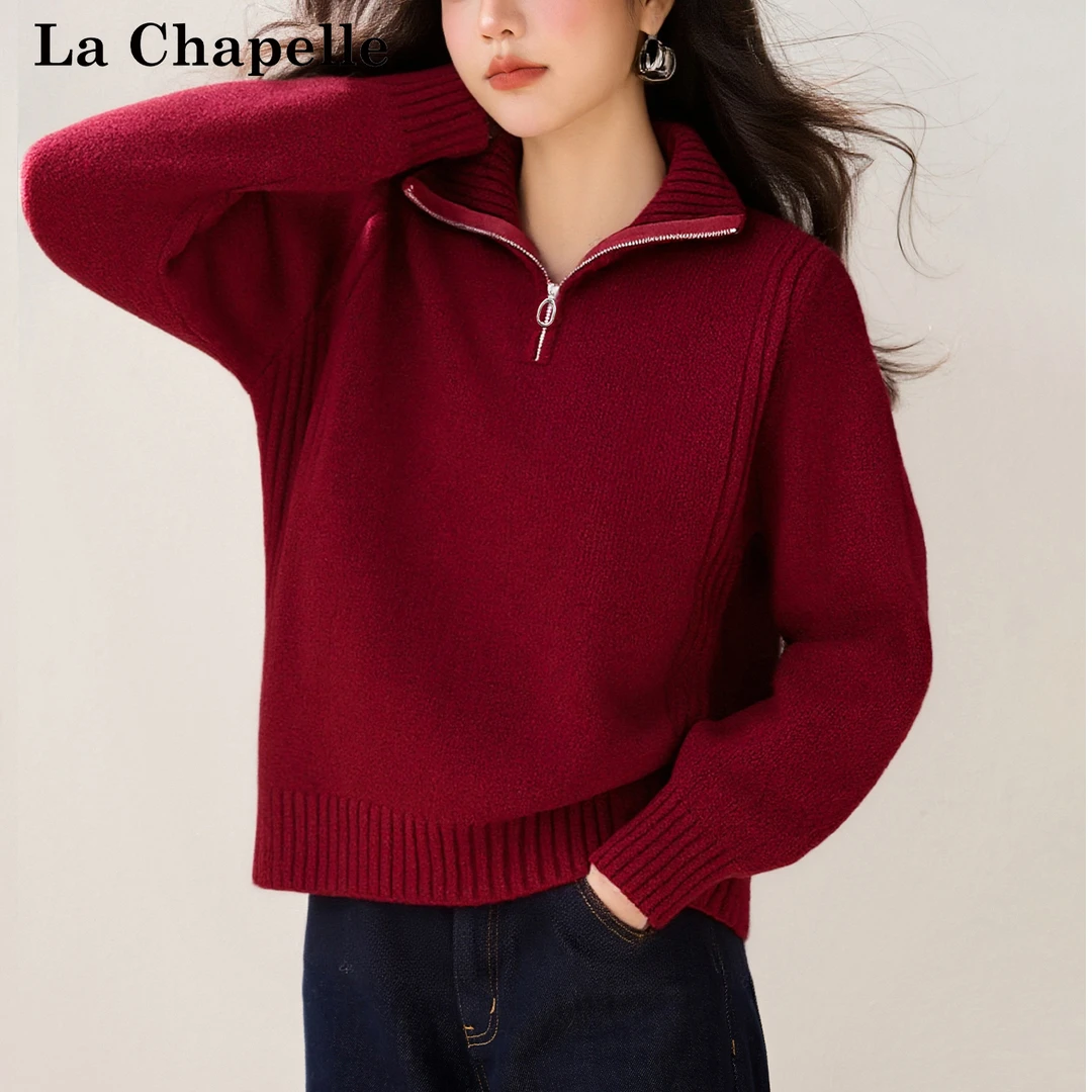 拉夏贝尔韩系半拉链翻领针织衫上衣女冬新款宽松显瘦休闲百搭毛衣