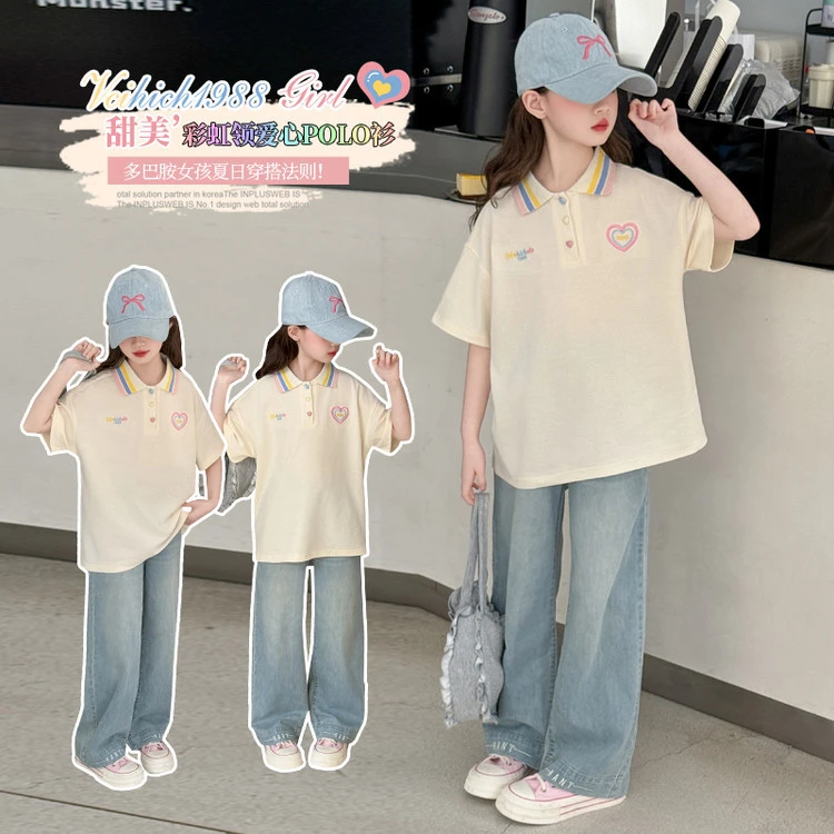女童短袖套装夏装薄款儿童休闲圆领半袖上衣大童夏季牛仔阔腿裤子