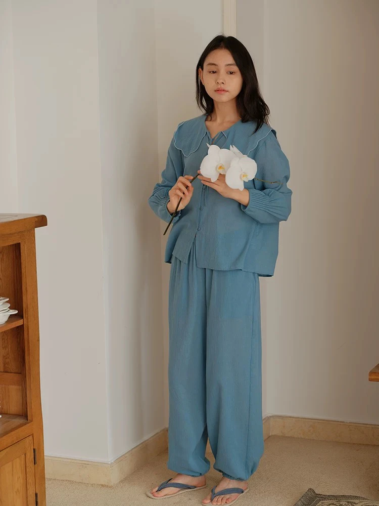 251-046 朵朵可可睡衣女2025春夏新款棉花边领口甜美长袖裤家居服