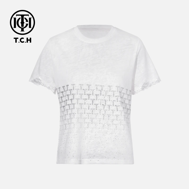 TCH轻奢烫钻工艺时尚休闲百搭舒适气质T恤女T75B10E1029私服tch