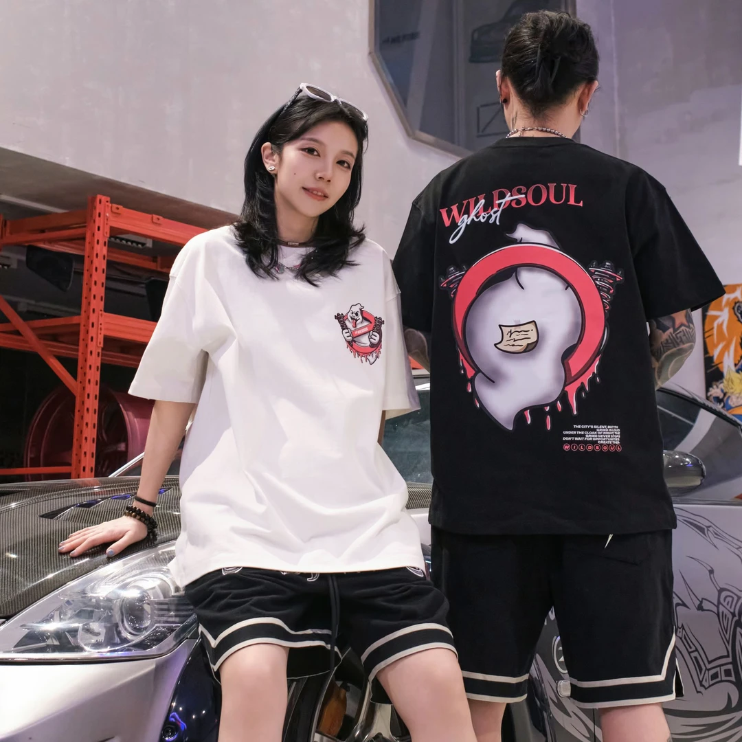 WILDSOUL鬼仔避震绞牙-夏季重磅300G印花T恤短袖纯棉圆领休闲宽松