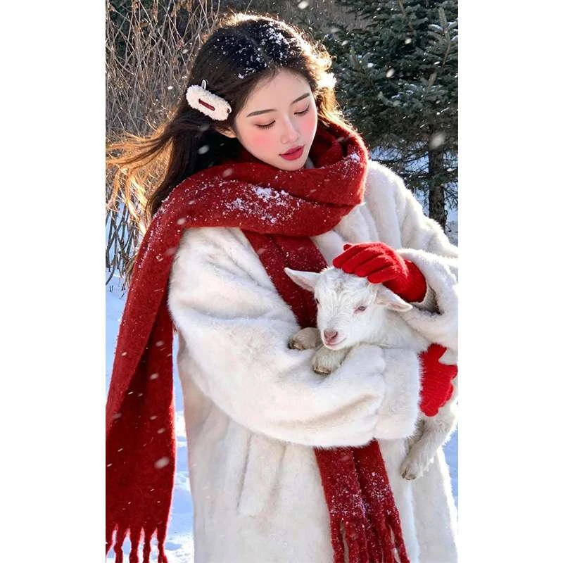 韩系氛围感红色围巾女款2026新款冬季百搭保暖圣诞新年披肩围脖