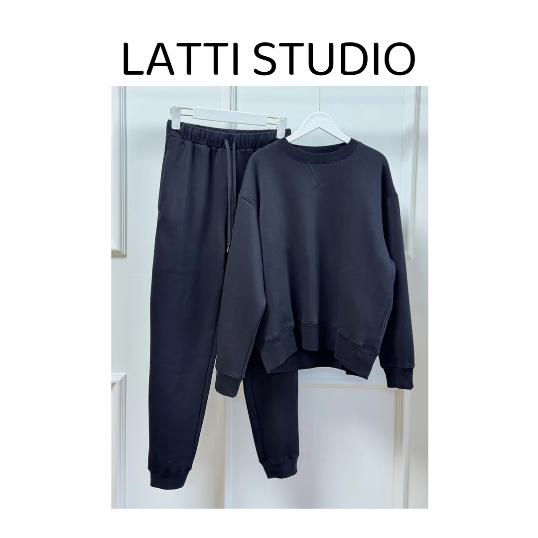 【Latti】黑绒套装-松弛感圆领加绒卫衣+松紧腰收口显瘦加绒卫裤