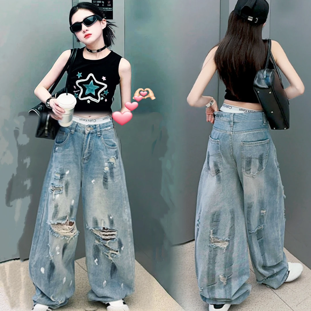 女童爵士背心套装夏装2025新款儿童夏季女大童裤子破洞牛仔阔腿裤