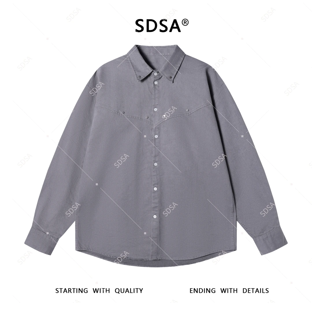 SDSA男士2025新款轻奢痞帅男装纯色铆钉设计翻领长袖衬衫简约慵懒